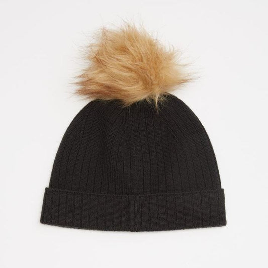 Wool Faux Fur Pom Beanie Meteorite Black