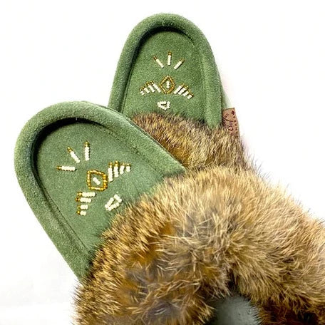 Women's Rabbit Fur Thunderbird Beaded Moccasins Forest Green