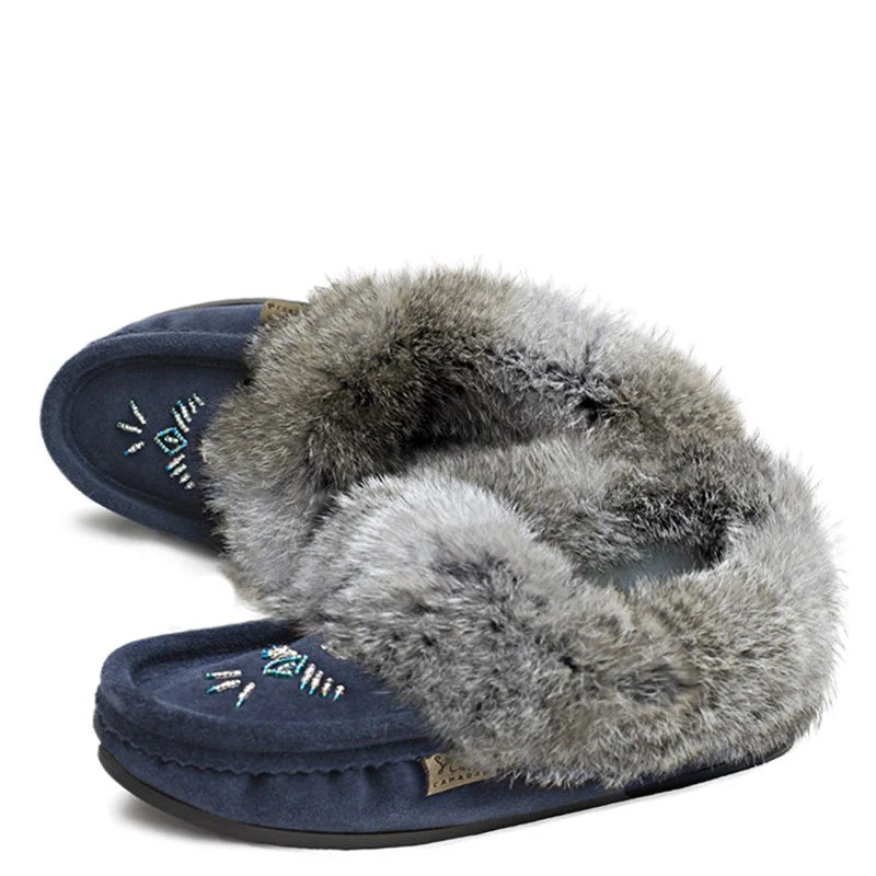 Women's Rabbit Fur Thunderbird Beaded Crepe Sole Moccasins Navy