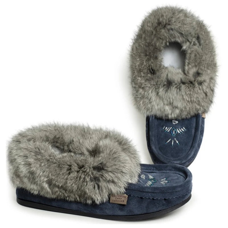 Women's Rabbit Fur Thunderbird Beaded Crepe Sole Moccasins Navy