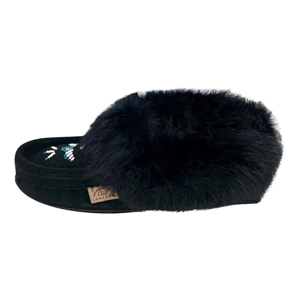 Women's Rabbit Fur Thunderbird Beaded Moccasins Black