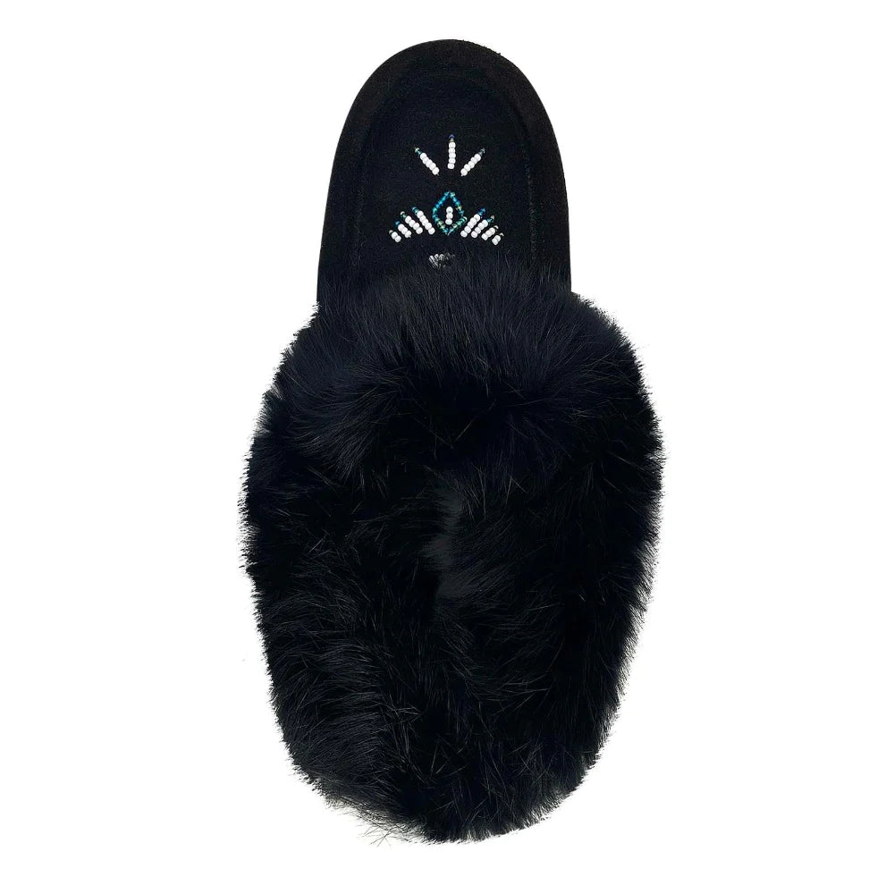 Women's Rabbit Fur Thunderbird Beaded Moccasins Black